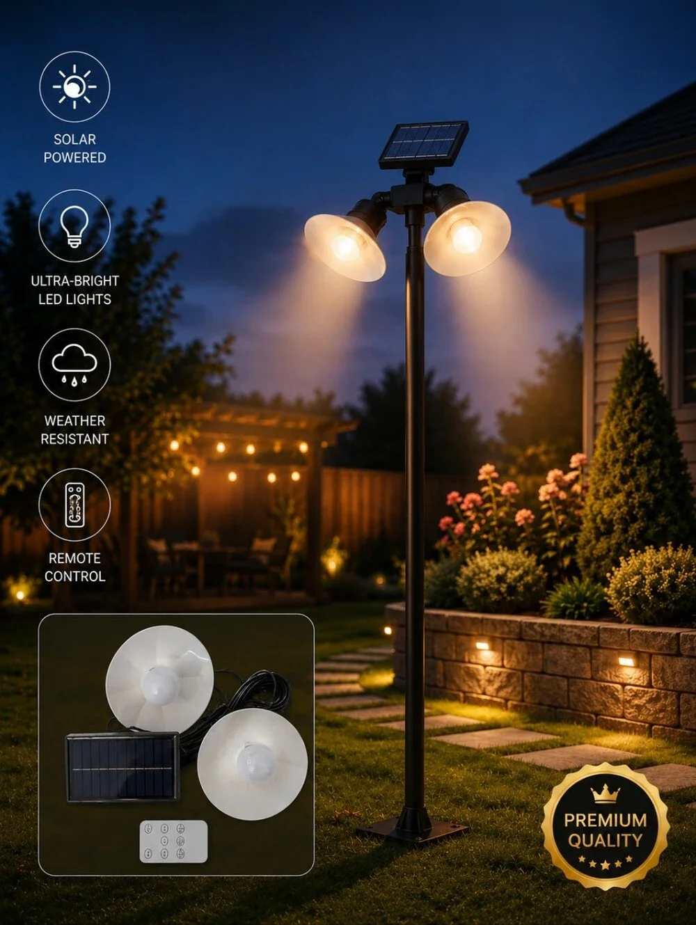 Solar Dual-Head Outdoor Pole Light - Black